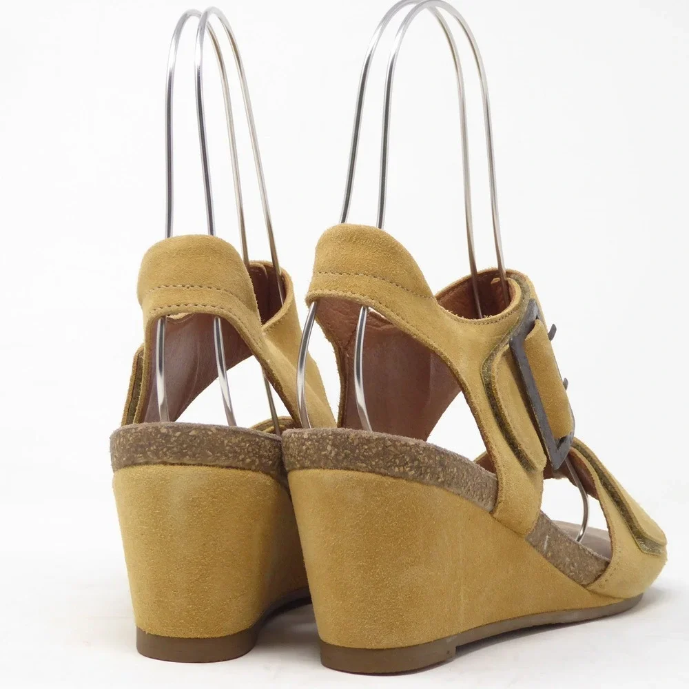 Taos Women High Society Sandals Yellow Suede Wedge Buckle Strap 37 / 6-6.5